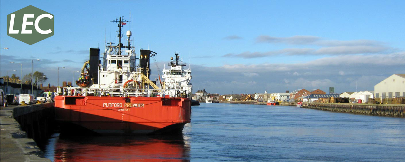 Customer supply and std/by vessel, alongside the quay on the river Yare at the port of Great Yarmouth for crew change and general voyage repairs, before leaving for the North Sea oil/gas fields.