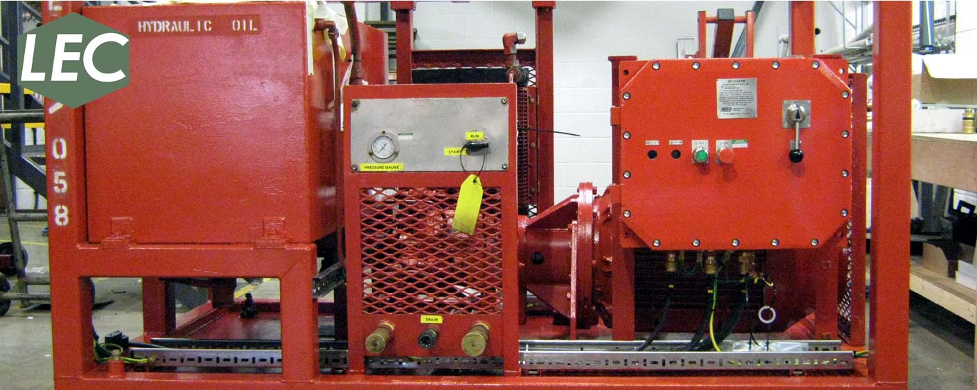 Offshore electric hydraulic power pack unit (EPU/HPU) under refurbishment including new hazardous area control gear, power and control cabling, hazardous barrier cable glands and the refurbishment of the main electric pump motor etc.